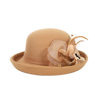 黑色毛呢帽子女秋冬季百搭优雅卷边礼帽女英伦珍珠羽毛花朵妈妈帽