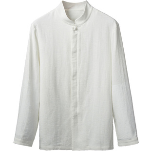 中国风男装古风日常装长袖亚麻衬衫男士爷爷上衣禅服男改良汉服秋