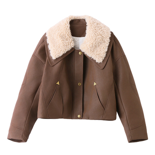 羊羔毛领PU皮棉服外套女短款2025年冬季新款宽松显瘦气质加厚棉服
