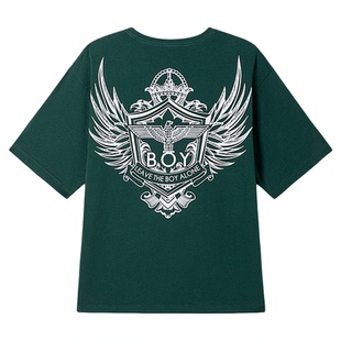 BOYLONDON男女同款短袖徽章个性潮牌痞帅绿色T恤N01167