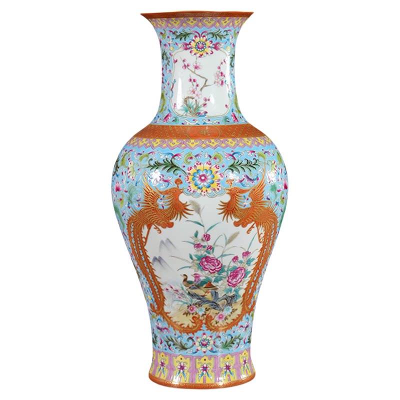 宁封窑手绘仿古花瓶景德镇陶瓷摆件缠枝矾红描金开窗花鸟纹鱼尾瓶