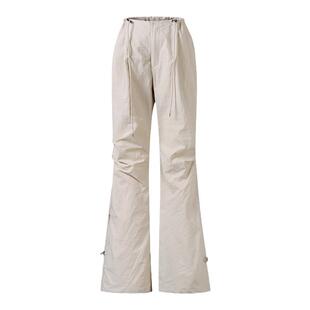 1747 美式街头抽绳褶皱设计感低腰微喇工装裤 宽松直筒休闲长裤