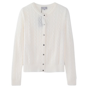 东黎山羊绒 女士春秋冬绞花设计圆领开衫纯色打底外搭针织衫2202