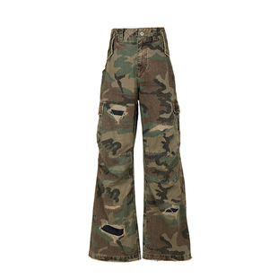 VLABMADE 军事绿迷彩破坏贴布宽松工装裤Camouflage Cargo Pants