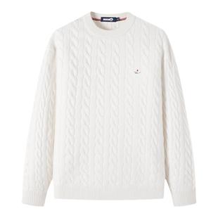 Navigare意大利小帆船白色绞花毛衣男士秋冬新款亲肤绒圆领针织衫