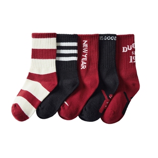 多多家男童袜子2026新款儿童中大童字母拼色组合亲肤中筒袜5双装