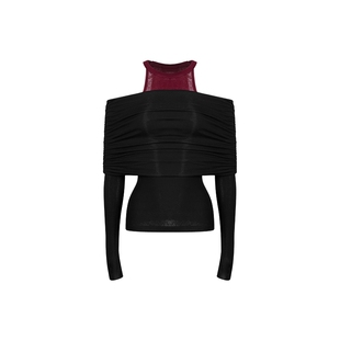 Unawares. 撞色假两件一字肩天丝羊毛长袖打底上衣