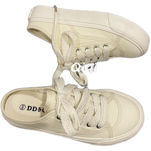 七七主人家半拖女鞋2023夏季薄款鞋子女一脚蹬帆布鞋女百搭板鞋女