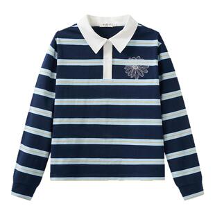 MARDI官方正品2026春季小雏菊条纹POLO衫长袖女休闲风翻领T恤上衣