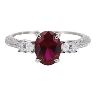 复古轻奢人造仿真红宝石戒指女日常1.5克拉椭圆鸽子蛋鸽血红彩宝