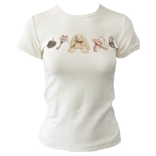 BM童趣印花上衣 小兔子图案白色圆领短袖正肩弹力修身T恤夏季新款