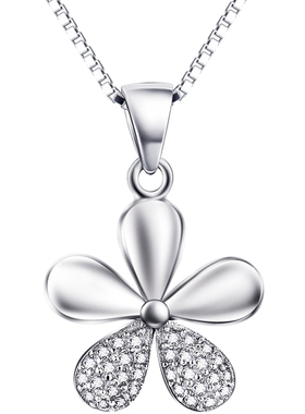 项链纯银幸运小花项坠女锆石钻