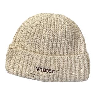 winter刺绣毛线帽子女秋冬时尚破洞设计潮流休闲百搭针织帽男