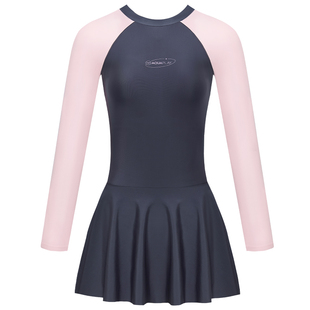 安泊来显瘦泡温泉泳衣女款成人长袖海边度假连体高级露背粉色游泳