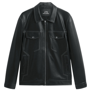 太平鸟男装撞色明线pu皮夹克25秋新款青年翻领工装茄克外套潮流