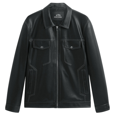 太平鸟男装撞色明线pu皮夹克青年翻领工装茄克外套潮流潮牌