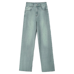 Amii2025秋新款极简休闲复古做旧刷白港风棉质阔腿微弹牛仔长裤