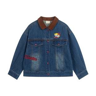 马拉丁童装儿童外套2025秋装新款女大童复古撞色图案印花牛仔外套