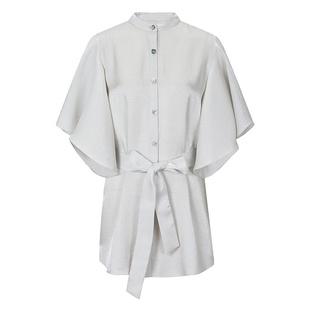 BCBG夏季法式优雅知性细条缎面光泽感腰部系带荷叶袖通勤衬衫上衣