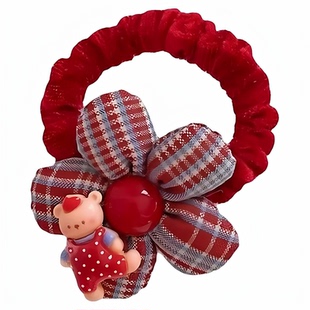 (儿童新年红色花朵发绳)甜美卡通发圈女童格子头饰不伤发皮筋