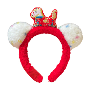 儿童红色毛绒卡通发箍女款新年春节可爱小马造型头箍过年发卡头饰