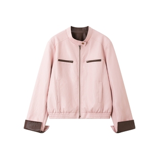 时然大码粉色甜酷皮衣微胖mm女装撞色短款外套春季新品夹克宽松型