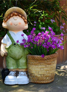 创意可爱小孩花盆阳台户外花园造景庭院别墅景观装饰树脂摆件花器