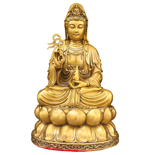 纯黄铜柳枝玉净瓶观音摆件家用佛堂供奉柳枝观音坐莲花净瓶观音像