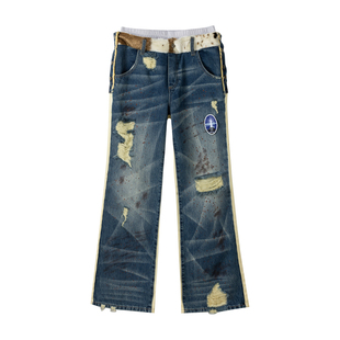 APRIORITY先验 ODVAHA之心 复古洗水做旧破坏双腰头假两件牛仔裤