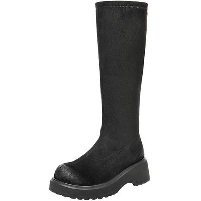 百丽复古厚底加绒弹力骑士靴女冬季新款显瘦高长筒靴子B2860D