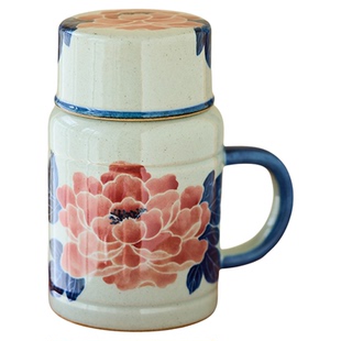 梵悦 景德镇杯子手绘釉下彩复古牡丹花马克杯带盖水杯办公室茶杯