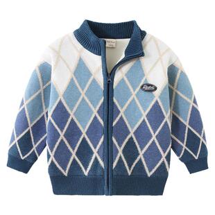 男童加绒加厚毛衣开衫2026春秋季儿童菱格拉链外套宝宝棉衣服8133