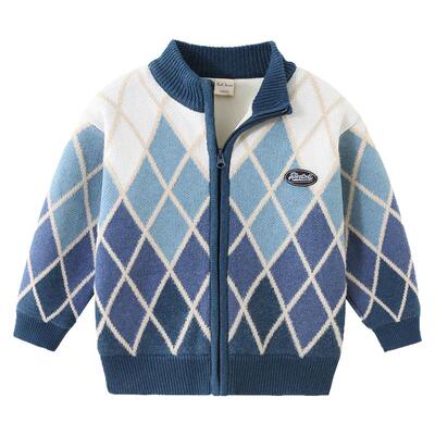 秋冬季男童菱格毛衣开衫加绒外套
