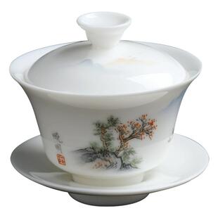 妙莲天香德化羊脂玉瓷三才盖碗单个陶瓷手绘功夫泡碗大号茶杯茶具
