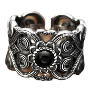 S925纯银男士活口可调节民族风花纹复古泰银戒指个性指环潮黑曜石