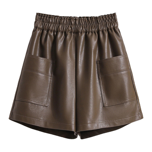 大码胖mm高腰PU皮裤松紧腰大口袋设计靴裤女秋冬通勤百搭外穿短裤
