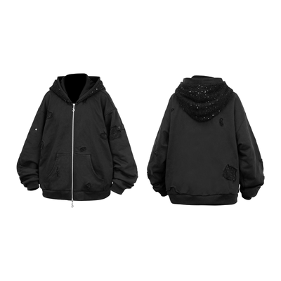 RELABEL(暗夜褪织)可拆卸双帽高压铺钻水渍浸染多形态双拉链卫衣