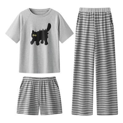 宫蝶【3件套】睡衣女纯棉短袖长裤可爱条纹卡通猫咪家居服套装夏