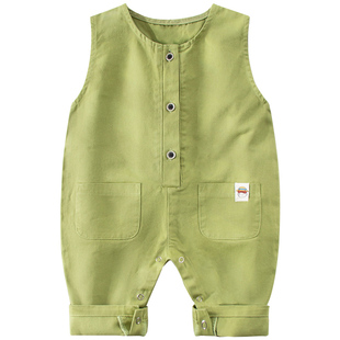 婴儿背带裤秋季款韩版男宝宝裤子护肚女宝背心式按扣裆部童裤绿色