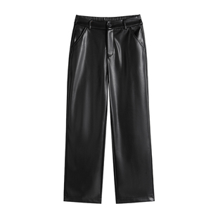 黑色PU皮裤女加绒休闲直筒裤秋冬加厚法棍裤宽松小个子九分烟管裤