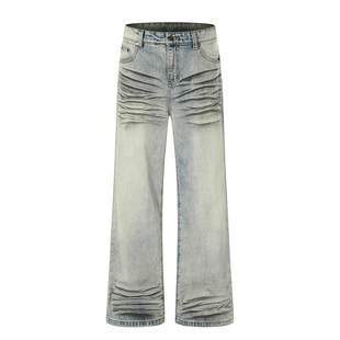 HY711 喷墨手工脏染立体猫须做旧直筒微喇牛仔裤男女重磅高街裤子