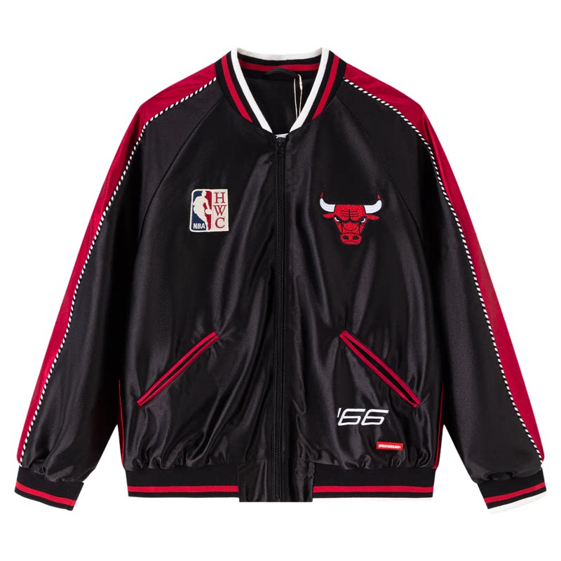 SPRAYGROUND | NBA HWC联名系列 公牛队黑红拼色复古棒球夹克外套