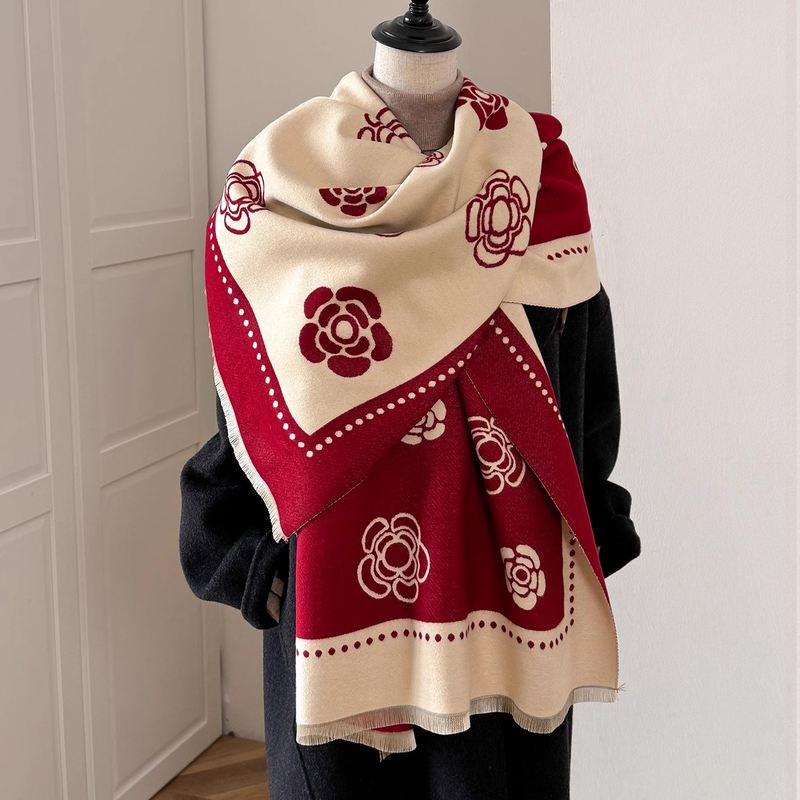 红色山茶花仿羊绒围巾女春秋冬季旗袍空调披肩外搭中老年人妈妈款