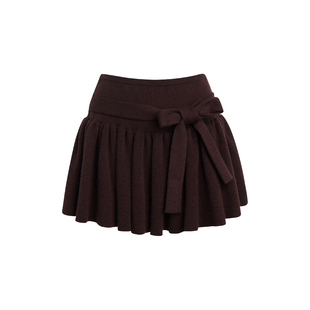 Kroche 馥郁巧克力 宽边绑带A字百褶针织短款半裙