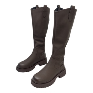 英伦风棕色百搭长筒靴女款2025秋冬新款加绒配裙子粗跟拉链长靴