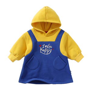 女童加绒卫衣秋冬2023新款女宝宝洋气秋装儿童中长款加厚连帽上衣