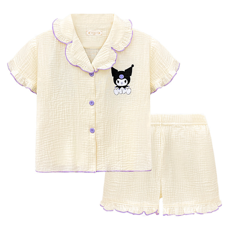 儿童睡衣女童夏季薄款纯棉麻纱短袖开衫小翻领女孩家居服套装夏天