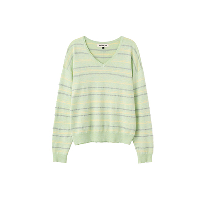 GENERAL IDEA BY BUMSUK撞色混条纹V领柔糯针织套头衫慵懒毛衣女