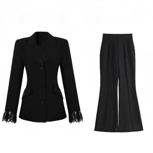 黑色蕾丝拼接西装高级套装女高端定制设计感韩版气质名媛秋款西服