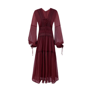 AM NANA法式酒红色长袖连衣裙女气质小众设计款海边度假长裙子